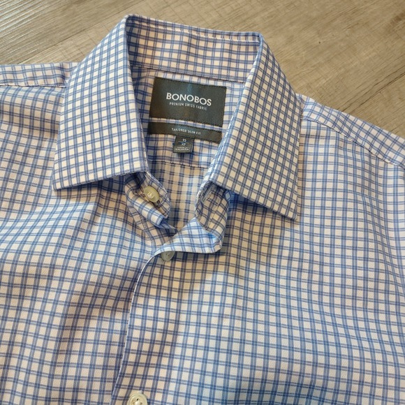 Bonobos Other - Bonobos Tailored Slim Fit Dress Shirt Blue White Check Premium Swiss Fabric 15